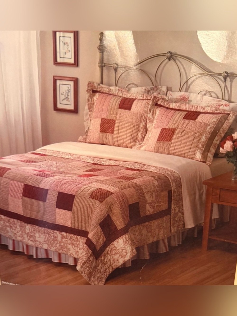 Vintage Primitive Brick Red Twin Quilt Ticking Stripe Checks Pintuck Stitching
